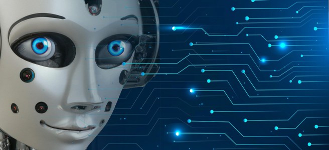 A humanoid robot with blue eyes is shown on the left, with a digital circuit board pattern on a blue background on the right.