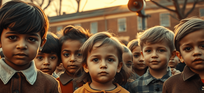 A group of young children stand close together outdoor with serious expressions. The children have different racial characteristics a school building with air raid siren on a pole is in the background.